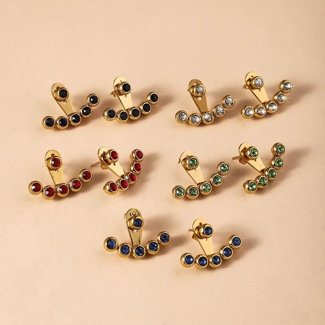 El Regalo 1Pair Stainless Steel Crystal Stud Front Back 2 Ways Ear Jackets for Women & Girls - Elegant Dual Style Earrings with Multicolor CZ Stones (5 Color Options) (Light Green)