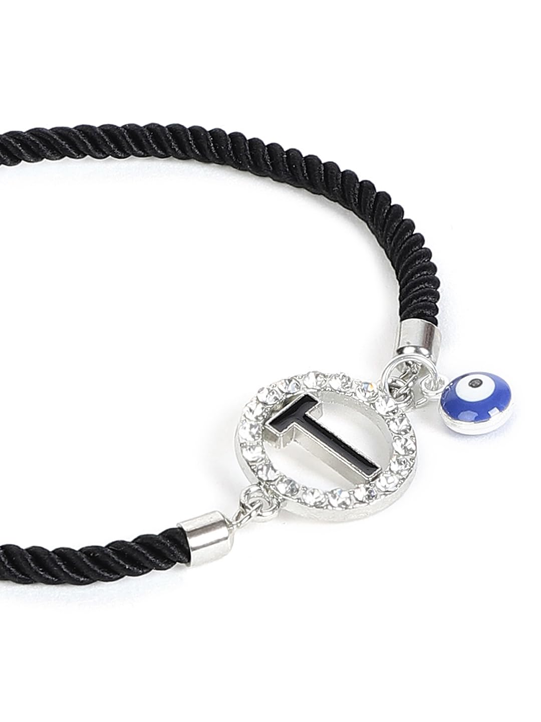El Regalo Name Initials Evil Eye Bracelet Rakhi for Brother- Name Letter CZ Rakhi with Roli Chawal, Message Card in Rakshabandhan Box for Bhai (Black-T)