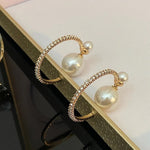 El Regalo Unique Pearl Hoop Earrings - Open C-Shape, Geometric Pearl & Rhinestone Inlay, French Fashion, Exaggerated Statement Earrings for Women & Girls