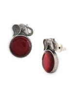 El Regalo 1Pair Oxidized German Silver Ganesha Elephant Stone Stud Earrings- Handcrafted Unique Earrings with Color Stone Options (Red)