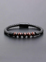 El Regalo 1PC Natural Stone Magnet Buckle Bracelet for Men/Boys, Trendy, Simple, Exclusive Men's Vintage Pu Leather Bracelet (Red Tiger Eye)