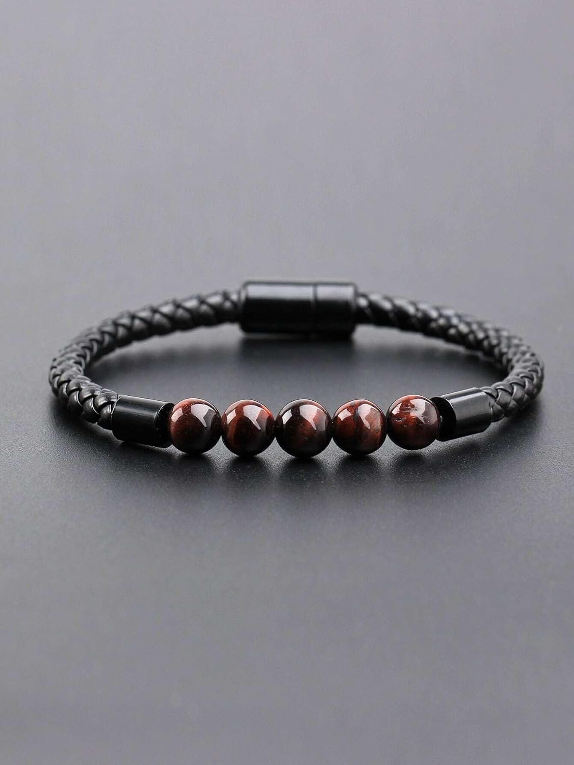 El Regalo 1PC Natural Stone Magnet Buckle Bracelet for Men/Boys, Trendy, Simple, Exclusive Men's Vintage Pu Leather Bracelet (Red Tiger Eye)