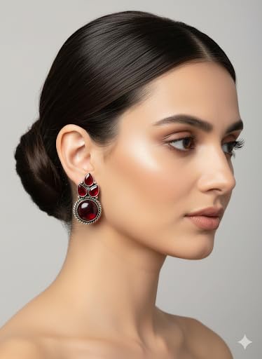 El Regalo Silver Look-Alike Oxidized Earrings for Women - Handcrafted Elegant Leaf Design Brass Earrings with Monalisa Stones - Traditional Earrings for Ethnic & Casual Wear (Red)
