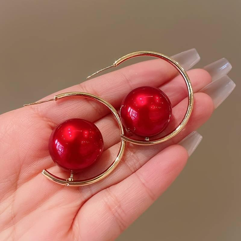 El Regalo Western Pearl Earrings- Delicate Glossy C Shaped Pearl Hoop Earring- Elegant Vintage Style Earrings for Girls & Women (Red Pearl)
