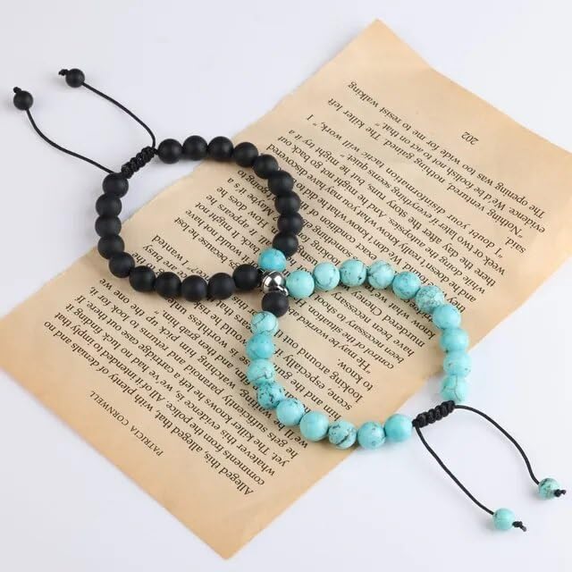 El Regalo 2PCs Magnetic Natural Stones Unisex Bracelets for Couples, Best Friend, Boyfriend & Girlfriend, Long Distance Connecting Bracelets Set- Valentines Day Gift (Turquoise & Black)