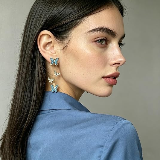 El Regalo Cute 3D Crystal Butterfly Tassel Earrings for Women & Girls | 18K Gold Plated Long Hanging Drop Linear Earrings | Elegant Korean Aesthetic Western Party Jewelry (Blue)