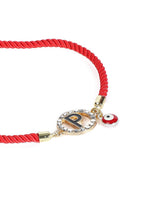 El Regalo Name Initials Evil Eye Bracelet Rakhi for Brother- Name Letter CZ Rakhi with Roli Chawal, Message Card in Rakshabandhan Box for Bhai (Red- P)