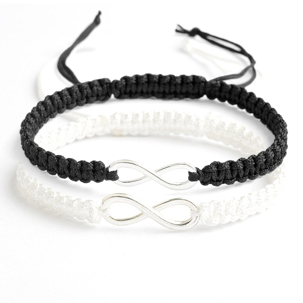 El Regalo Unisex 2 Pcs Adjustable Infinity Couple Braided Handcrafted Bracelet/Friendship- Couple Valentines Day Jewelry (1 Black & 1 White)