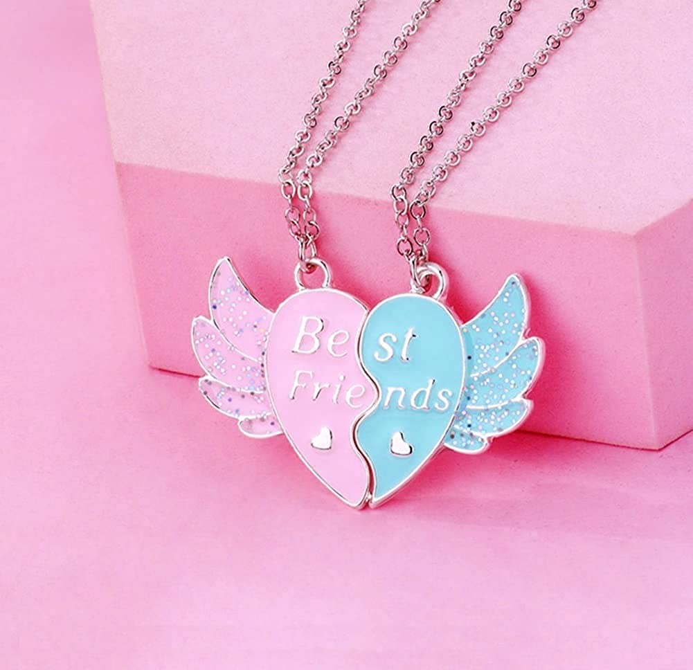 El Regalo 2 PCs Best Friend BFF Split Magnetic Matching Heart Wings Pendant Necklaces Set for Girls/Besties/Soul Sisters (BF Silver Heart Wings)