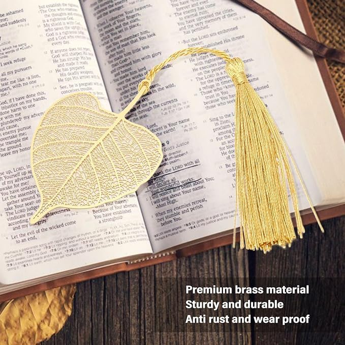 El Regalo Exquisite Metal Leaf Bookmark with Tassel - Gold Plated Hollow Leaves Brass Bookmarks for Students, Book Lovers, Writers, Teachers (Golden Peepal Leaf)