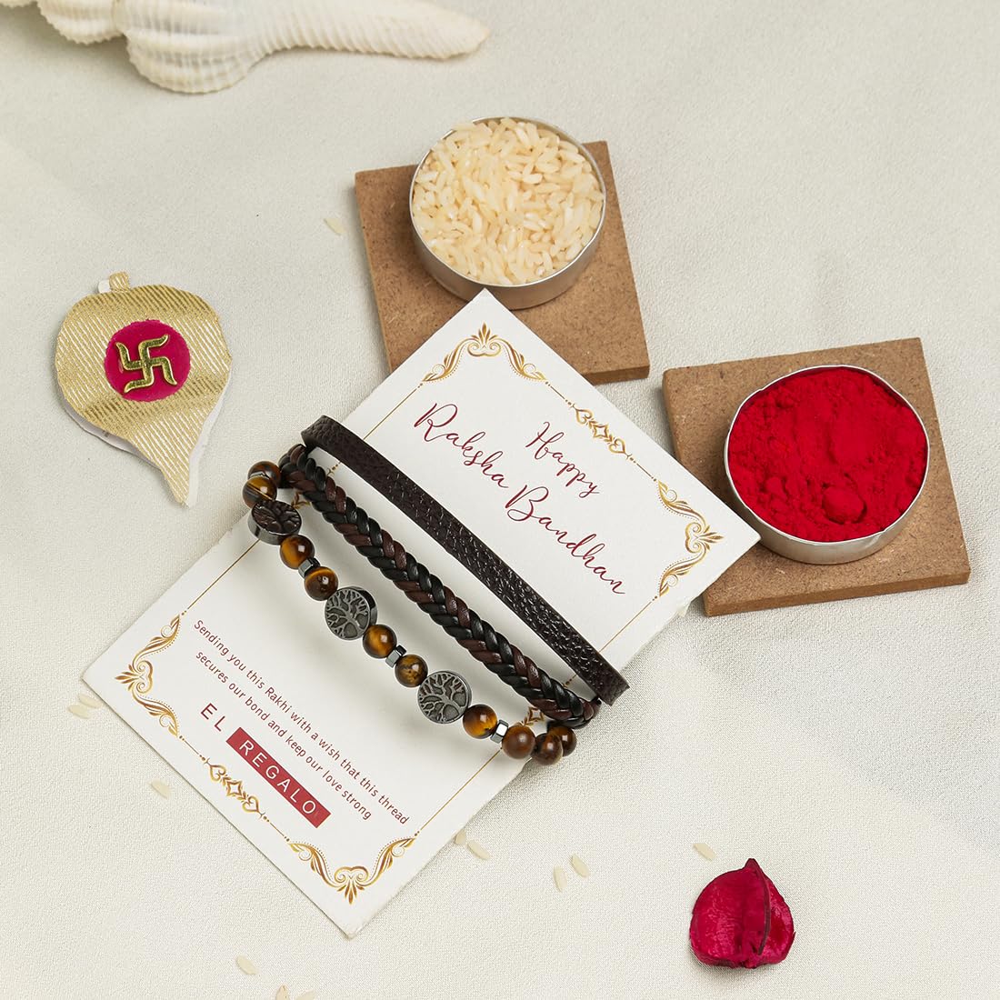 El Regalo 1 PC Designer Tiger Eye Stones with Antique Tree of Life Charms Bracelet Rakhi for Brother/Bhai- Rakhi with Roli-Chawal Shagun, Message Card in Rakhi Gift Box