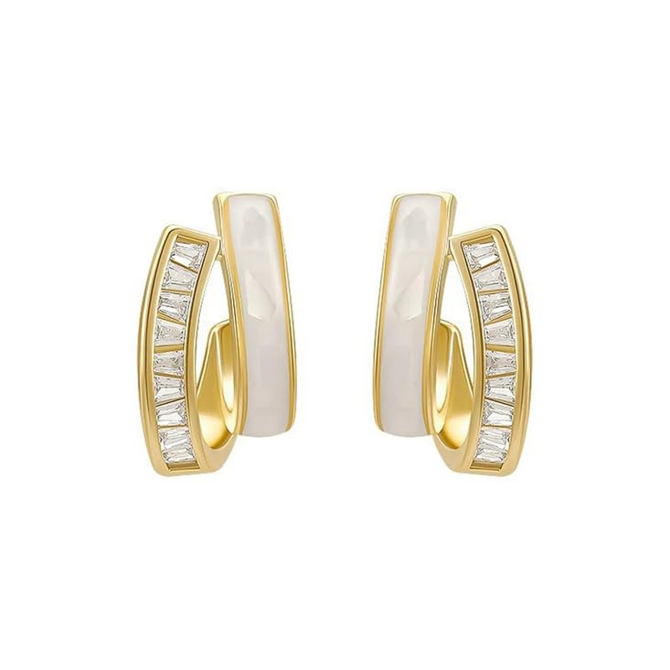 El Regalo Double Row C-Hoop Earrings for Women & Girls | Hypoallergenic Geometric Studs | Cubic Zirconia & Enamel/Shell Inlay | Elegant Daily, Office & Party Earrings Jewellery (White)