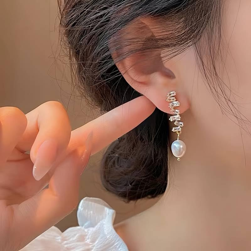 El Regalo Fancy Pearl Earrings- Pearl Zircon Inlaid Dangle Earrings for Girls & Women- Pearl Tassel Long Earrings (Zircon Pearl Studs)