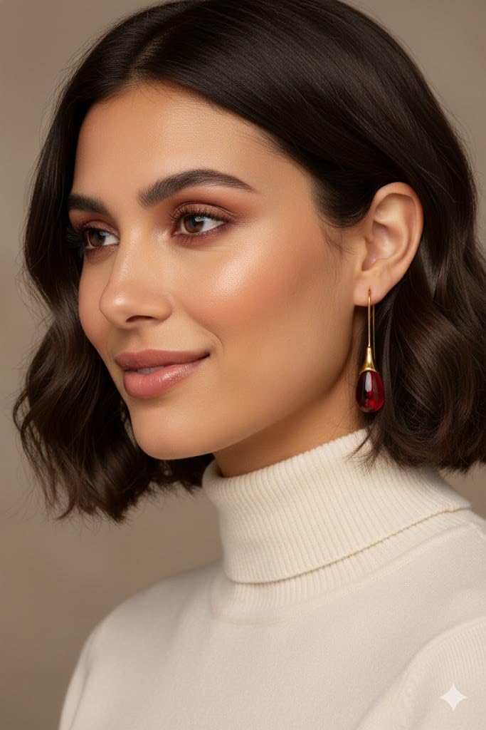El Regalo Beverly Mint Designs Minimalist Teardrop Drop Earrings for Women & Girls - Classy Pastel Glass Stone Dangle Hooks for Western & Indo-Western Outfits (Garnet Red)
