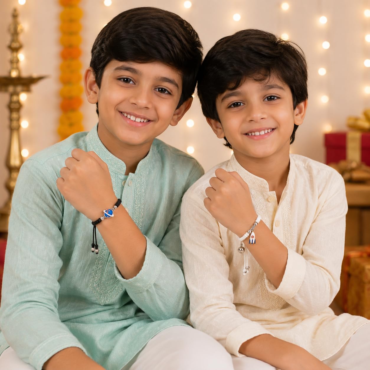 El Regalo 2PCs Kids Rakhi Combo Set for Brother- Space Theme (Planet & Rocket) Charms Bracelets with Roli Chawal, Rakhi Message Card in Rakshabandhan Box