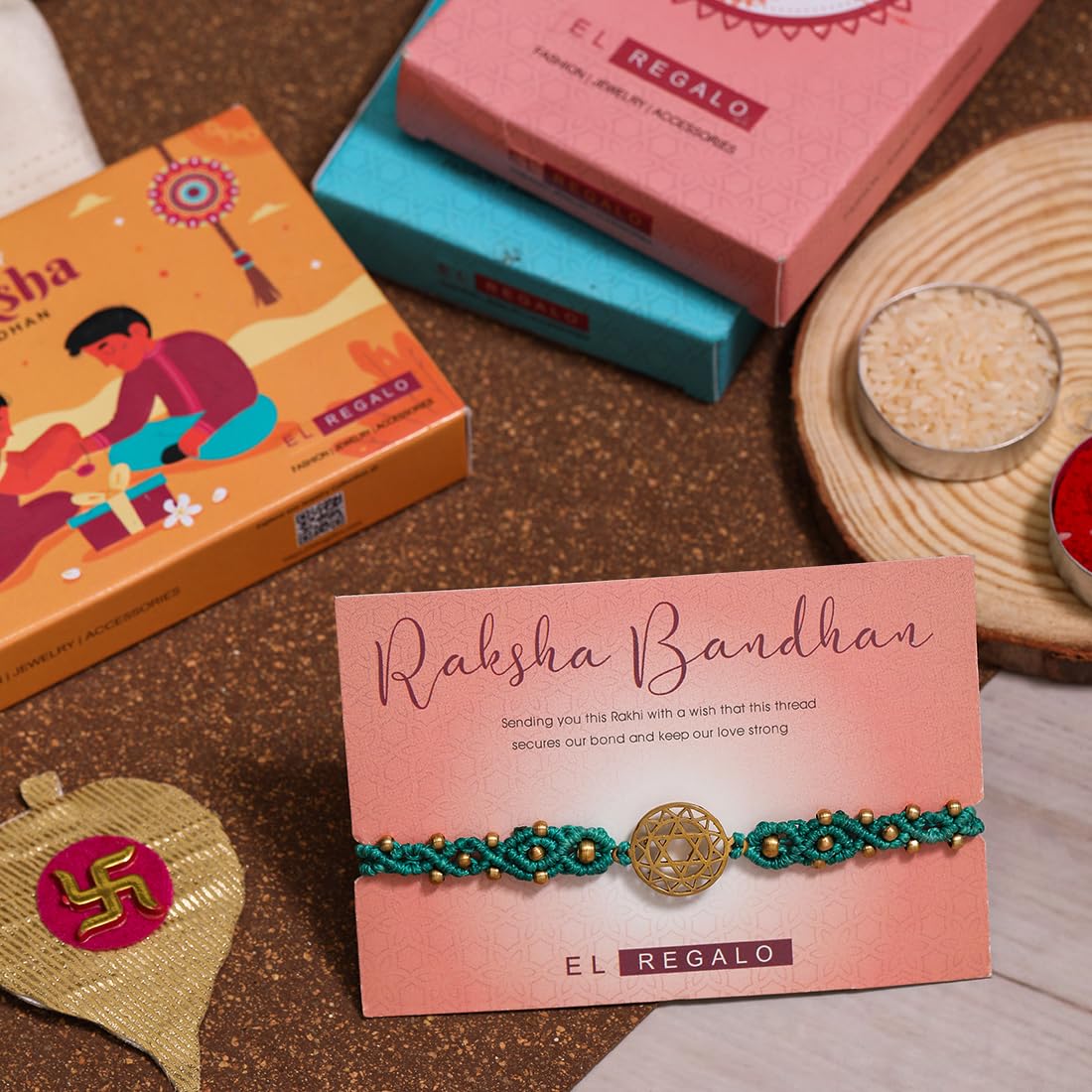 El Regalo 1PC Chakra Rakhi for Brother- Designer Chakra Reiki Healing Symbols Hand Braided Rakhi with shagun, Rakhi Card in Gift Box for Bhaiya/Bhabhi/Niece/Nephew (Heart Chakra)