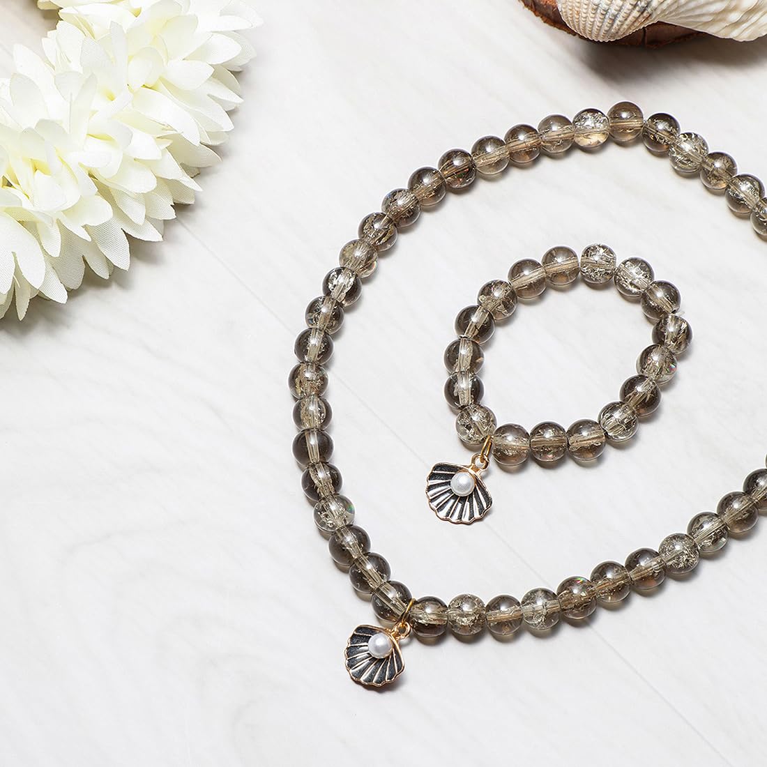 El Regalo 2 PCs Shiny Crackled Beads Kids Girls Necklace & Bracelet Jewelry Sets - Cute Kids Charms Jewelry with Sparkly Beads for Kids/Toddlers Girls (Grey Shell Jewelry)