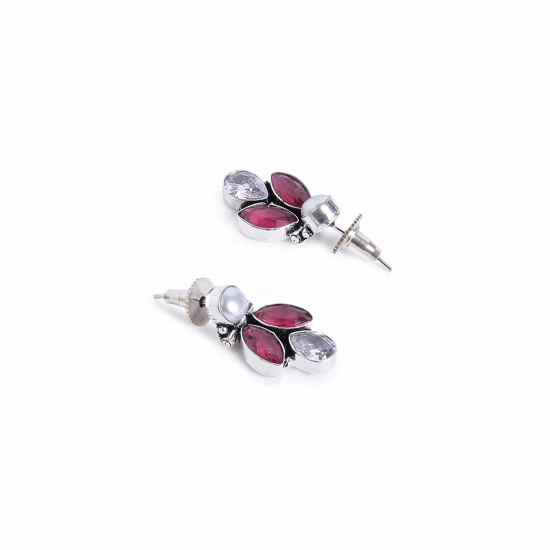 El Regalo 2 Pairs 925 Silver Plated Vintage Stones & Pearls Earrings Combo Set for Women & Girls- Silver Lookalike Statement Pearls Stones Earrings (Option-4)