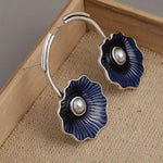 El Regalo Women's & Girl's Gorgeous Roast Blue Pearl Cloisonne Lotus Earrings- Vintage Blue Enamel Lotus Leaf Drop Freshwater Pearl Earrings