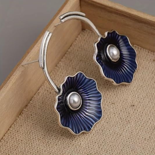 El Regalo Women's & Girl's Gorgeous Roast Blue Pearl Cloisonne Lotus Earrings- Vintage Blue Enamel Lotus Leaf Drop Freshwater Pearl Earrings