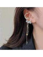El Regalo Modern Moon Stars, Crystals, Pearls Tassel Ear Cuff Earrings for Non Pierced Ears- Trendy CZ Tassel Ear Cuffs/Clip On Earrings For Women