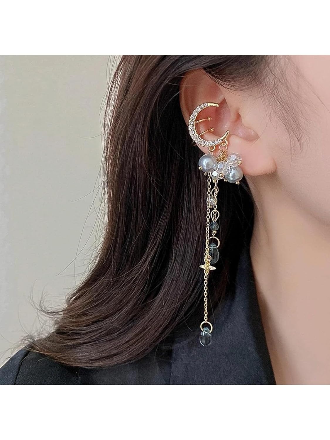 El Regalo Modern Moon Stars, Crystals, Pearls Tassel Ear Cuff Earrings for Non Pierced Ears- Trendy CZ Tassel Ear Cuffs/Clip On Earrings For Women