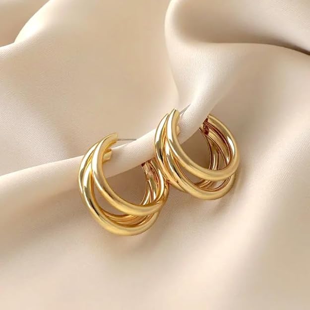 El Regalo Trendy Triple 3 Hoop Stud Earrings- Western Fashion Earrings for Girls & Women (Golden Hoops)
