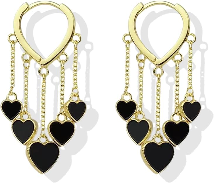 El Regalo Love Hearts Tassel Hoop Earrings for Women/Girls- Heart Huggie Hoop Chains Earrings (Gold)