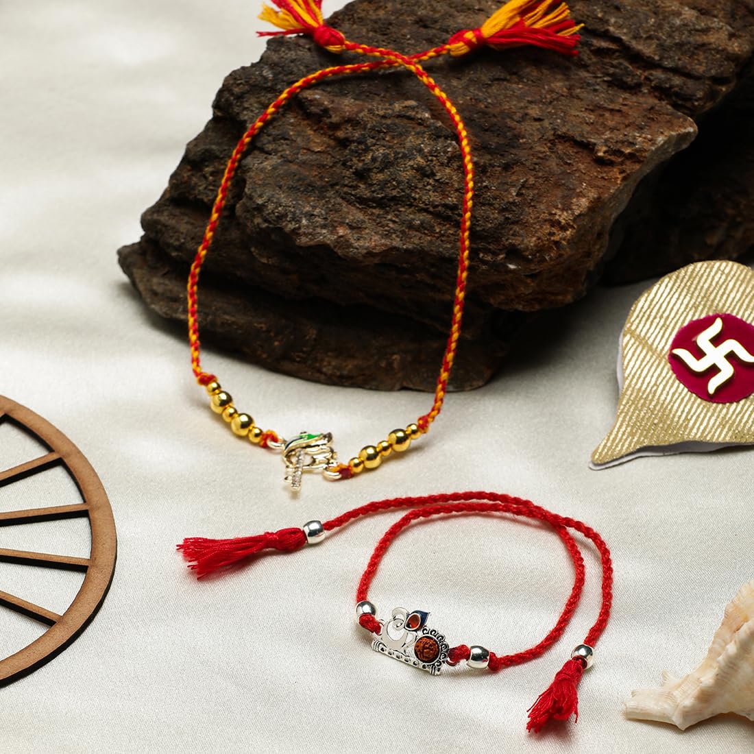 El Regalo 2PCs Rakhi Set for Brother- Auspicious OM, Ganesha, Rudraksha, Krishna Red Moli Thread Rakhi for BHai/Bhatija with Roli Chawal, Message Card in Rakhi Gift Box (OM Rudraksha Rakhi)