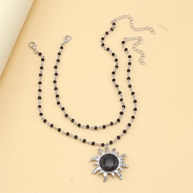El Regalo Gothic Black Bead Sun Pendant Choker Necklace for Women & Girls - Vintage Goth Boho Jewelry | Statement Sun Charm Beaded Necklace for Party, Festival, Casual (Black Onyx)