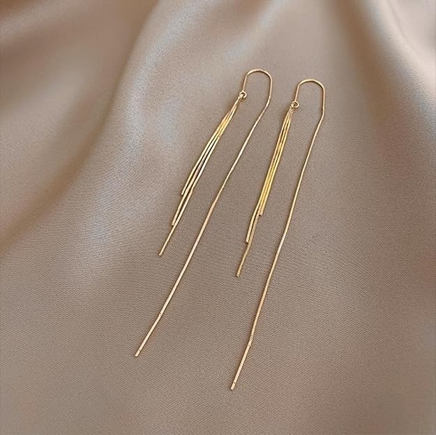 El Regalo Modern Sui Dhaga Threader Earrings for Women - Minimalist Long Pull Through Chain Earrings - Light Dangle Needle Threaders for Multiple Piercings, Sensitive Ears (Triple Tassel Gold)