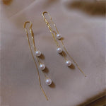 El Regalo Modern Sui Dhaga Threader Earrings for Women - Minimalist Long Pull Through Chain Earrings - Light Dangle Needle Threaders for Multiple Piercings, Sensitive Ears (Pearls Threader)