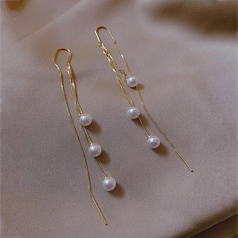 El Regalo Modern Sui Dhaga Threader Earrings for Women - Minimalist Long Pull Through Chain Earrings - Light Dangle Needle Threaders for Multiple Piercings, Sensitive Ears (Pearls Threader)