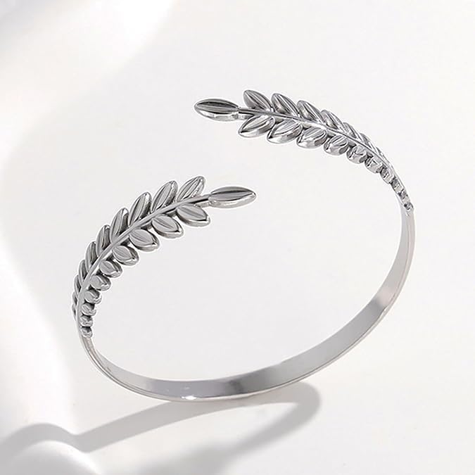 El Regalo Stainless Steel Olive Leaves Open Cuff Bracelet for Women- Anti Tarnish/Waterproof Western Vintage Style Bracelets (Silver)