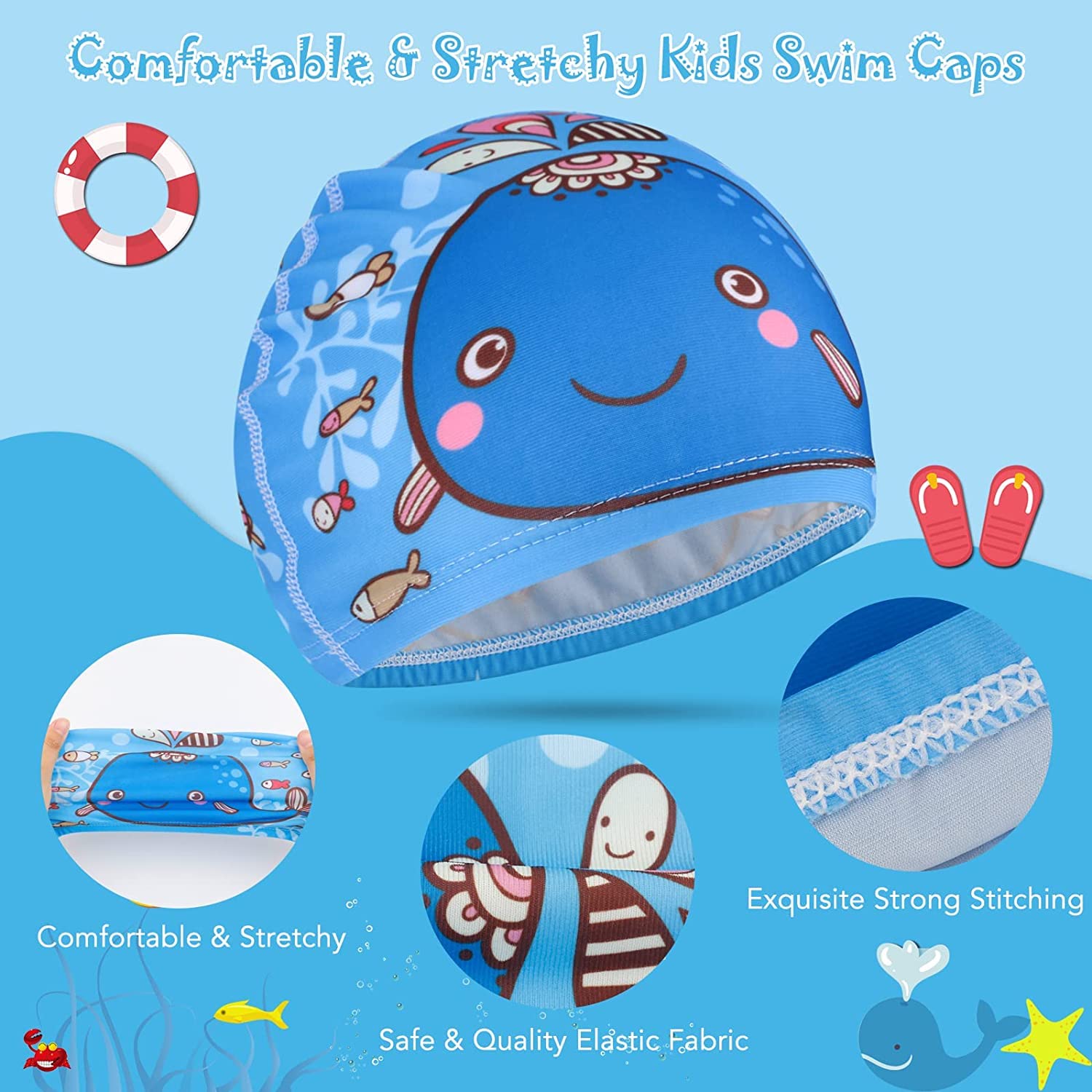 El Regalo 2 PCs Swim Cap Kids/Toddlers, Comfortable Breathable Polyester Fabric Swimming Caps Cute Cartoon Dolphin, Shark, Owl, Mermaid Fairy, Unicorn, Giraffe Swim Caps (Dolphin & Unicorn)