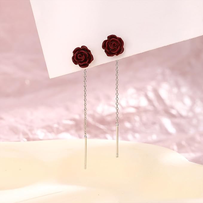 El Regalo Minimalist Flower Threader Earrings for Women & Girls | Cute Tiny Floral Chain Drop Earrings | Modern Style Dainty Long Tassel Earrings (Red Rose)