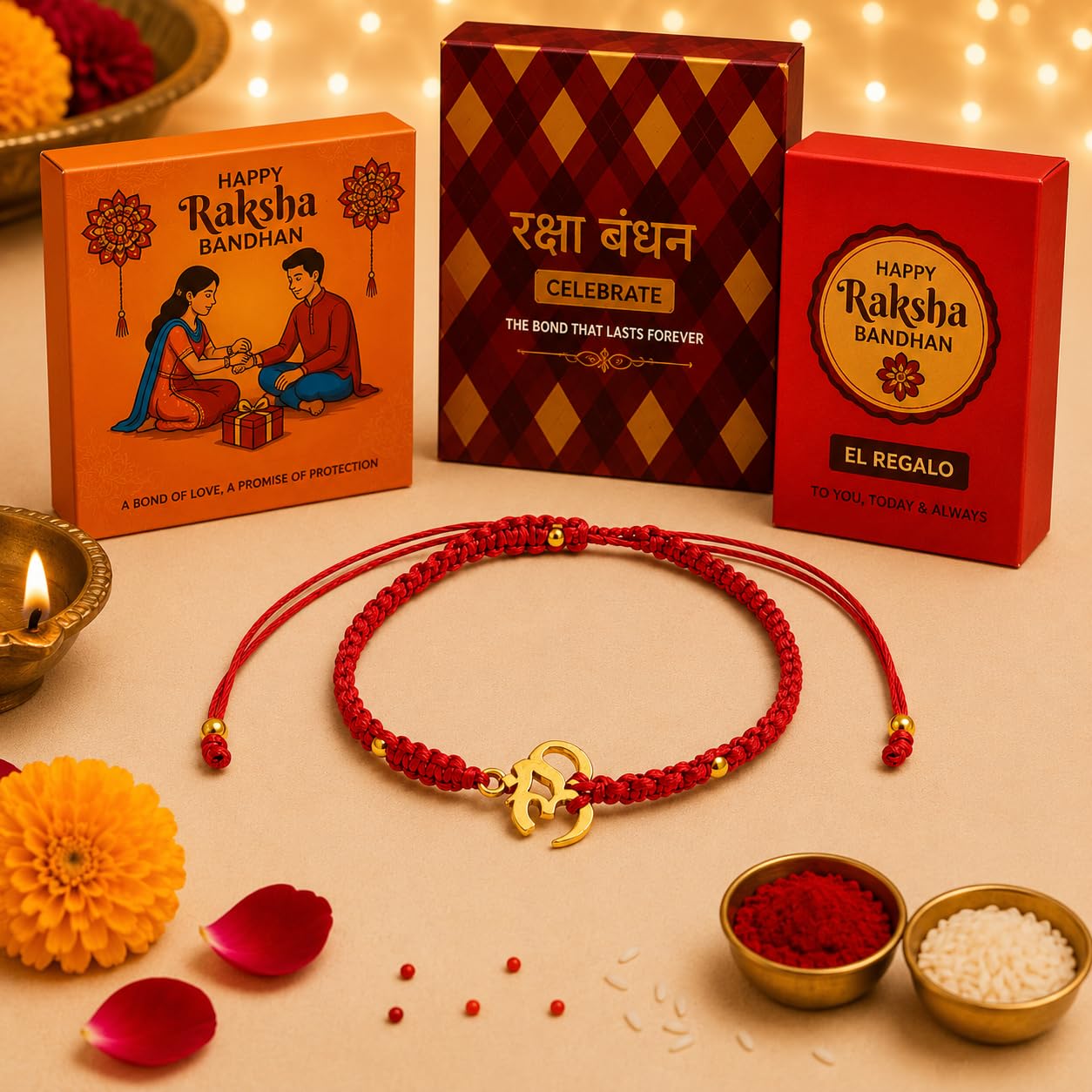 El Regalo OM Rakhi for Brother- Red Thread AUM Bracelet Rakhi for Bhai with Box & Roli Chawal (Gold OM)