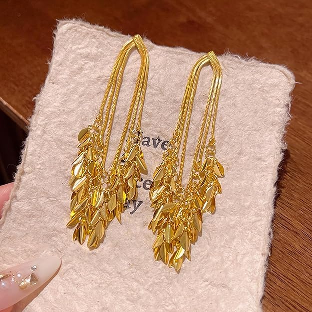 El Regalo Gold Plated Tassel Leaves Drop Earrings for Women & Girls | Long Statement Dangle Earrings | Elegant Western & Festive Jewelry
