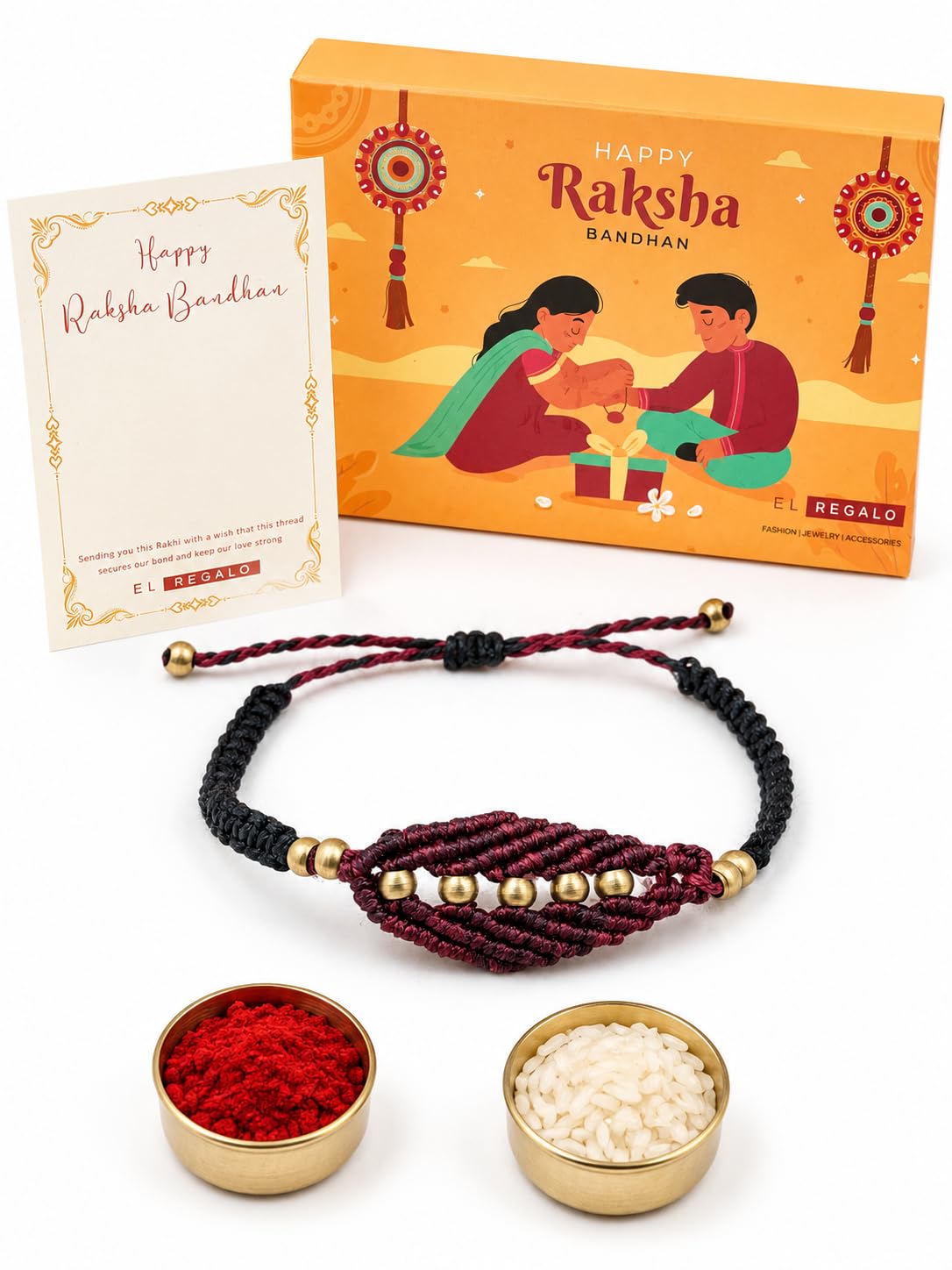 El Regalo Rakhi for Brother- Handwoven Vintage Macrame Bracelet Rakhi with shagun, Rakhi Card in Rakhi Gift Box