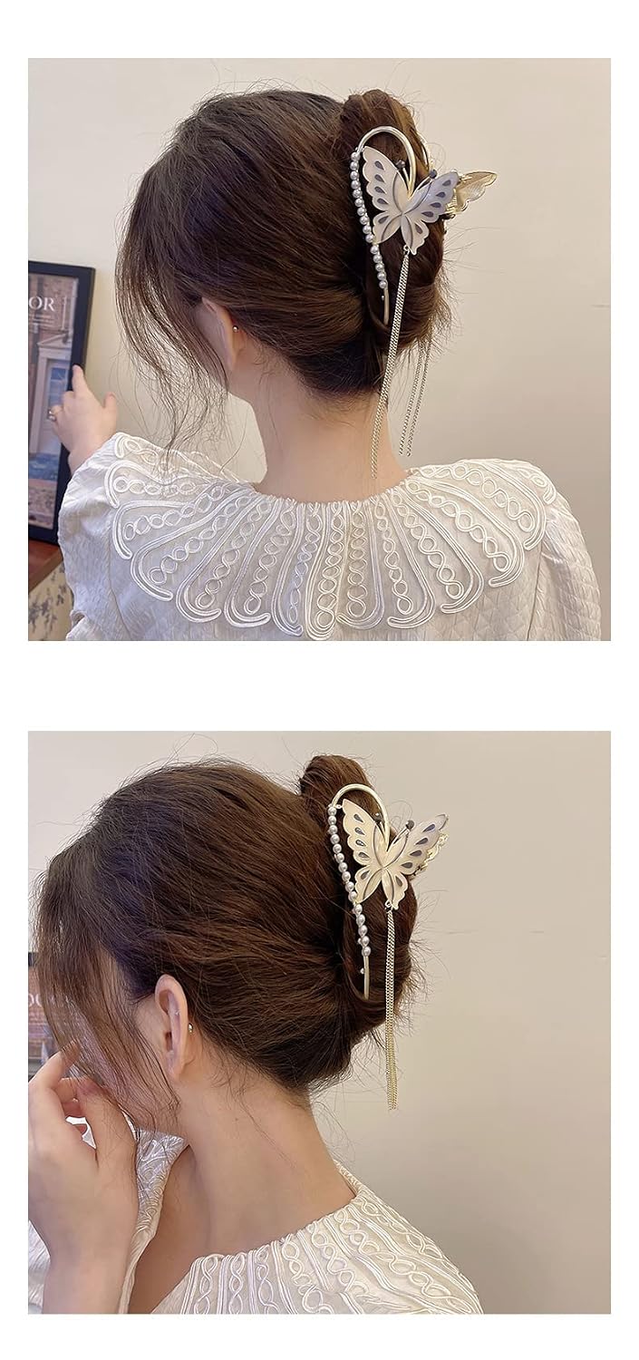 El Regalo Butterfly Pearl Hair Claw Clips for Girls/Women, Large Non-Slip Enameled Metal Butterfly Hair Clips Sparkly Hold Hair Jaw Clips Cute Hair Claws Big Butterfly Clips Bridal Hair Clips