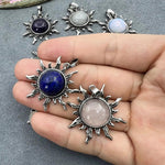 El Regalo Vintage Style Natural Stones Gothic Sun Pendant Unisex Necklace (Rose Quartz- Pink)