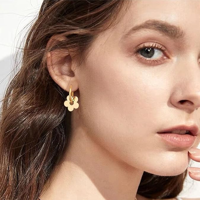El Regalo Cute Stainless Steel Flower Huggie Hoop Earrings for Girls & Women- Anti-Tarnish, Waterproof Daisy Floral Hoops