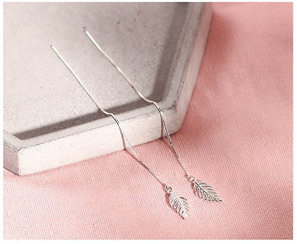 El Regalo 925 Silver Plated Minimalist Long Thin Linear CZ Elegant Threader Dangle Chain Earrings for Girls & Women (Leaves Threaders)