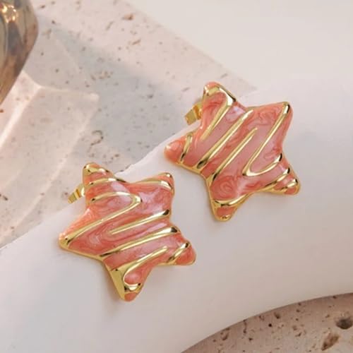 El Regalo Stainless Steel Star Stud Earrings for Girls & Women | Anti-Tarnish Gold Plated Cute Star Shape Enamel Contenporary Fashion Studs Earrings (Peachy Pink)
