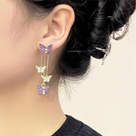 El Regalo Cute 3D Crystal Butterfly Tassel Earrings for Women & Girls | 18K Gold Plated Long Hanging Drop Linear Earrings | Elegant Korean Aesthetic Western Party Jewelry (Purple)