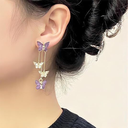 El Regalo Cute 3D Crystal Butterfly Tassel Earrings for Women & Girls | 18K Gold Plated Long Hanging Drop Linear Earrings | Elegant Korean Aesthetic Western Party Jewelry (Purple)