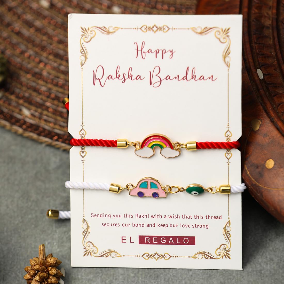 El Regalo 2PCs Cute Kids Evil Eye Car, Rainbow Bracelet Rakhi Combo Sets- Fancy Kids Rakhi for Brother/Sister with Roli Chwal, Rakhi Message Card in Rakhi Box for Babies/Toddlers/Kids/Teens
