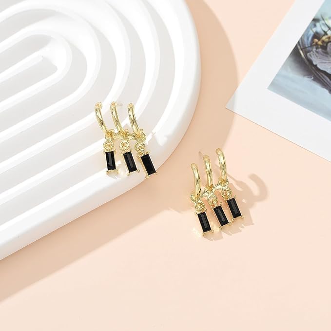 El Regalo Women's & Girl's Western Triple Ear Crawler Earrings- Triple Dangling Baguette Stone Earring- Exquisite Zircon Multilayer Earrings (Golden Black)