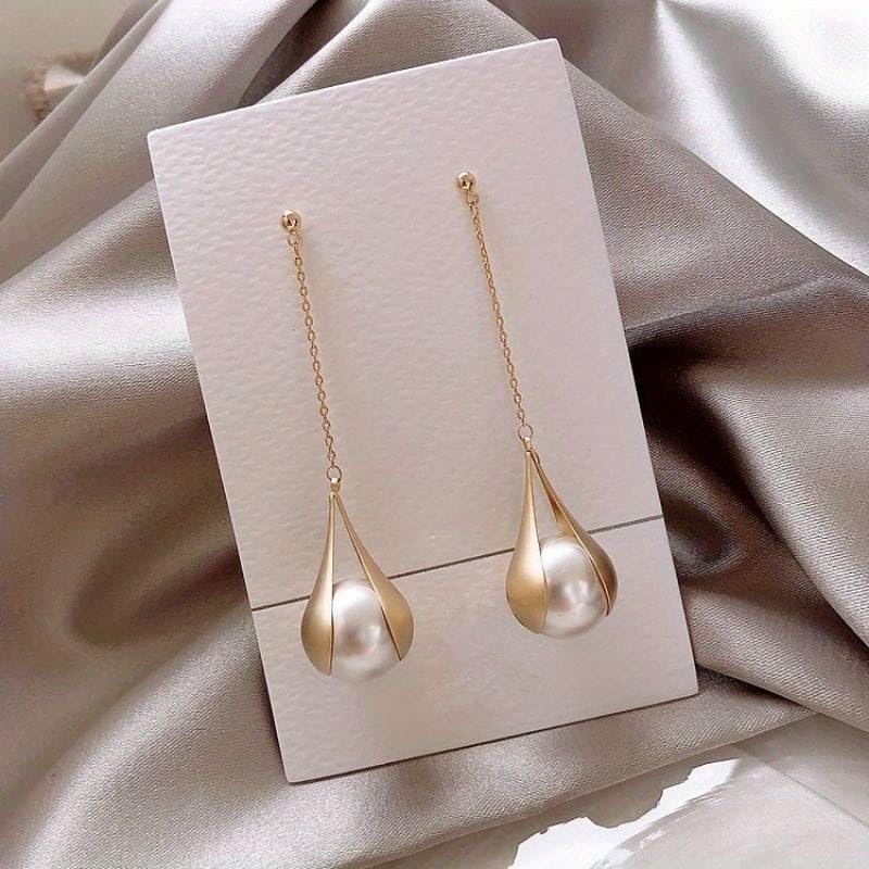 El Regalo Fancy Pearl Earrings- Pearl Zircon Inlaid Dangle Earrings for Girls & Women- Pearl Tassel Long Earrings (Long Tassel Pearl Studs)