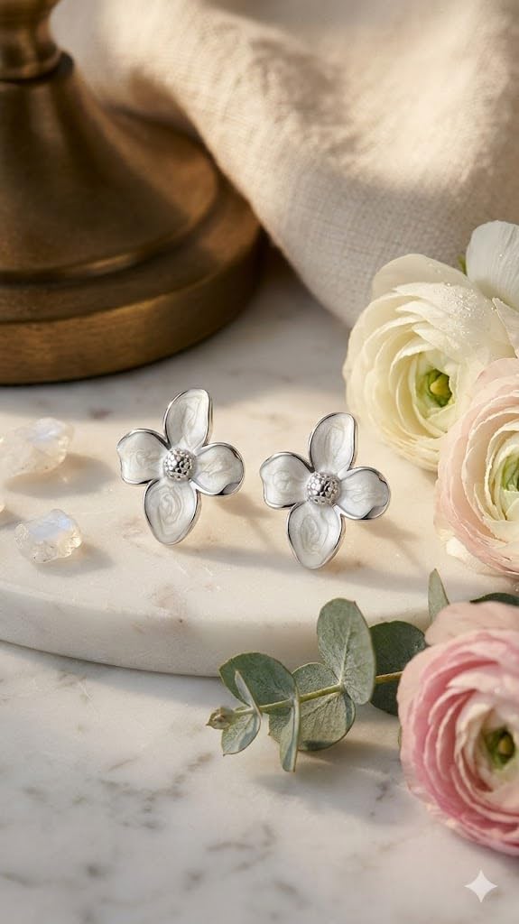 El Regalo Luxurious Oil Drip Flower Stud Earrings for Women & Girls | Stainless Steel Floral Studs | Anti-Tarnish, Skin Friendly Enamel Jewelry | Gift for Her (Floral Collection) (White- Silver)